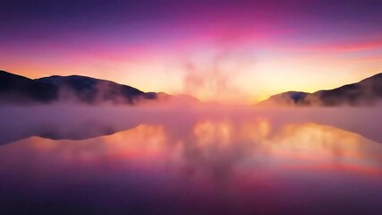 Dreamy sunrise over misty lake with mountains creating a tranquil and inspiring vista, perfect for travel, meditation, or nature content