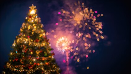 Blurred Christmas Tree Amidst Nighttime Fireworks, festive celebration