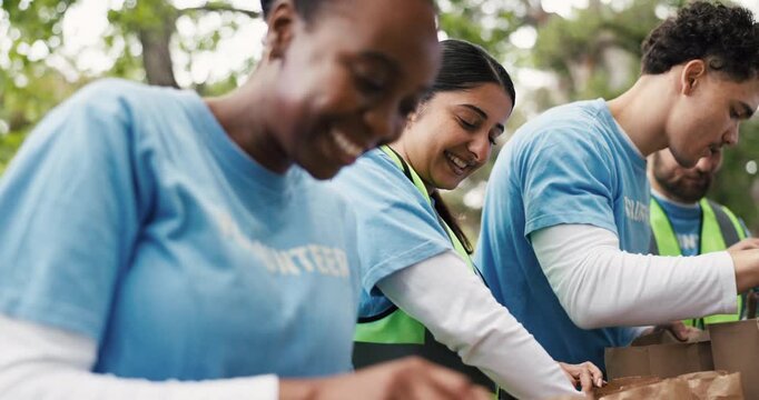 Excited, women and high five for volunteer project, park or community service with food distribution. Outdoor, grocery and people with social responsibility, celebration and collaboration for charity - Powered by Adobe