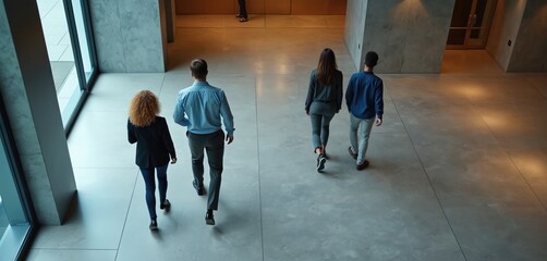 People walk down modern office hallway from high angle view. Colleagues in business attire move through indoor space. Professionals are arriving or leaving their workplace. They are walking together.