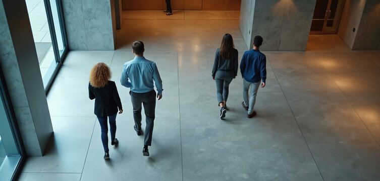 People walk down modern office hallway from high angle view. Colleagues in business attire move through indoor space. Professionals are arriving or leaving their workplace. They are walking together. - Powered by Adobe