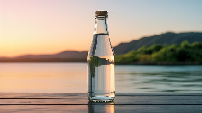 Glass water bottle on wooden surface with serene lake and sunset in background
 - Powered by Adobe