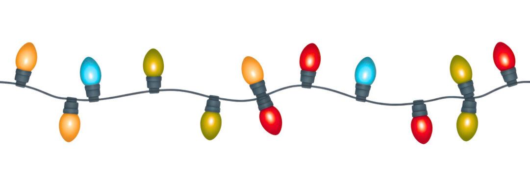 Colorful c7 christmas lights strung together on a wire isolated on transparent background
