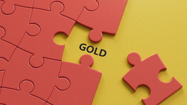 Dice and a Krugerrand coin form the word "GOLD".3D rendering.