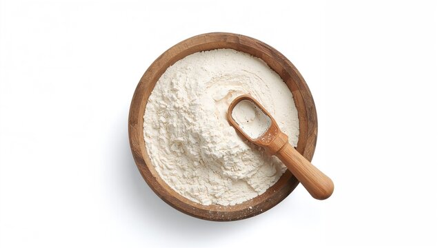 Wooden basin filled with flour and a scoop, suitable for baking needs