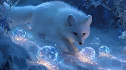 A white fox in a snowy forest
