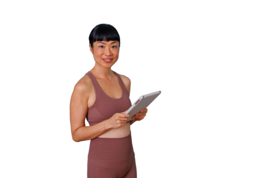 Businesswoman giving presentation, speaking and gesturing, holding laptop, confidence and professionalism, transparent background