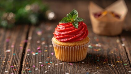Strawberry cupcake resting on wooden surface, fiber-dense choice