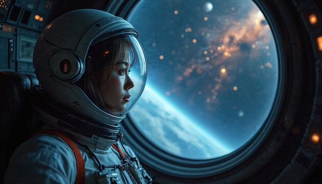 Young woman in astronaut helmet looks out spaceship window. Observes Earth, blue planet, distant stars, galaxy. Future space travel, cosmos exploration, new science discovery inspire. Female dreamer
