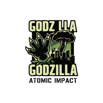 Graphic illustration depicting Godzilla's claw emerging from foliage with a city skyline and atomic mushroom cloud in the background.
