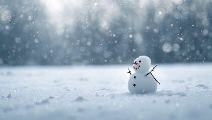 Small snowman in a snowy outdoor winter setting, evokes playful winter spirit
