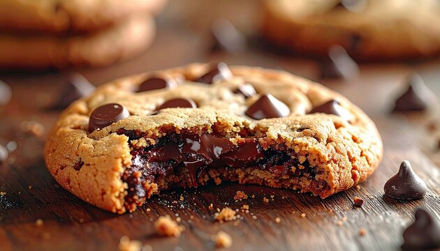 A delicious, freshly baked chocolate chip cookie with a bite taken out, showing melted chocolate inside, sits on a wooden surface.