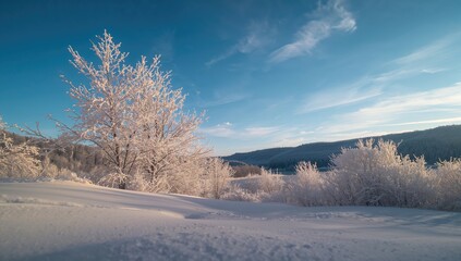 Obraz premium Tranquil winter landscape with a bright blue sky and frosted trees, showcasing seasonal change