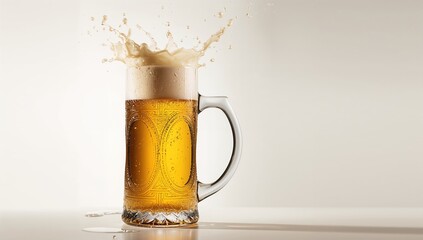 Foamy beer splash captured in a glass against a white backdrop in stop motion style