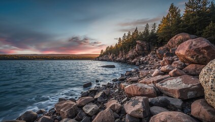 Rocky coastline with water and sky, summer travel destination, erosion risk