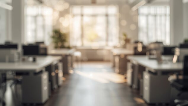 Minimalist elegance of tidy desks in a contemporary workspace with natural lighting, suitable for editorial header background