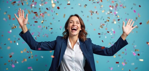 Happy businesswoman celebrates success. Arms raised high in pure joy, colorful confetti streams around. Excited female employee smiles broadly, laughing loudly. Feels great triumph at business