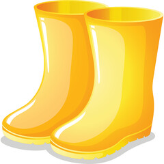 Pair of Bright Yellow Shiny Rubber Rain Boots Standing Upright Isolated on White Background Ideal for Outdoor Adventures and Wet Weather Protection