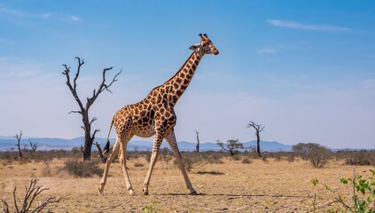 Obraz premium Reticulated giraffe traversing a parched grassland with lifeless trees, highlighting habitat vulnerability