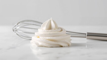 Whipped cream being whipped with a whisk on a plain background, culinary technique for dessert preparation