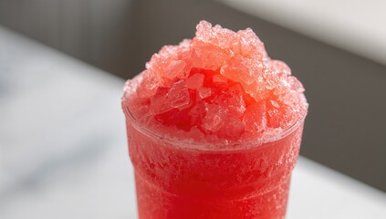 Red frozen beverage, rich in sugar content, perfect for hot summer days