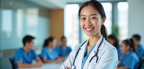 Asian woman doctor smiles at medical team meeting. Multiethnic physicians professionals collaborate on healthcare strategy in hospital. Clinic personnel works together on treatment plan. Medicine