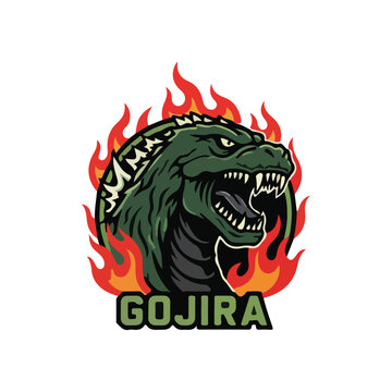 A stylized illustration of Godzilla's head roaring, surrounded by flames, with the word "GOJIRA" underneath.