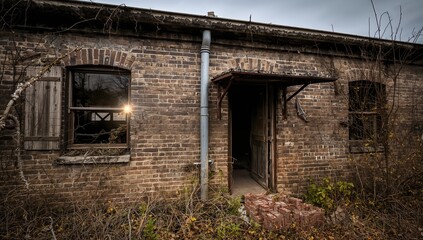 Fototapeta premium Abandoned industrial brick building featuring worn windows and newly installed gutters, preservation