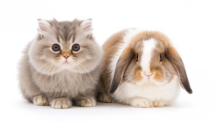 Fototapeta premium Persian kitten, 3 months old, and rabbit, 1 year old, together on a white backdrop, companionship theme