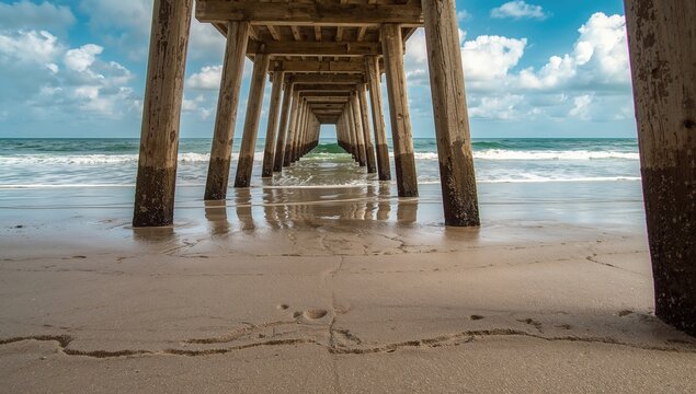 Water and footprints beneath a pier, ideal for layout backgrounds