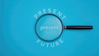 Magnifier glass on blue background, focusing on current situation, positive thinking mindset theme