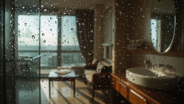 Water droplets on a shower door in a hotel bathroom, highlighting the moisture risk in a humid environment