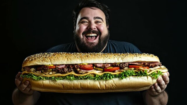 Large man holding enormous sandwich, showing unhealthy eating habits, high calorie fast food, poor food choices, obesity concept, trans fat indulgence, excessive consumption,