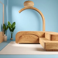 Minimalist Wooden Podium Display with Arch and Plants in a Blue Room.