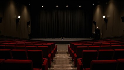 Interior of a cinema with empty seats and a large screen, anticipation before the film begins