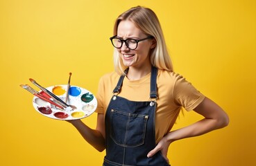 Young artist grimaces holding paint palette, brushes, experiencing shoulder pain. Blond woman wears glasses, denim apron against bright yellow background, showing discomfort after artistic effort.
