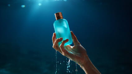 perfume bottle with water droplets is holding with hand under blue background, Generative AI