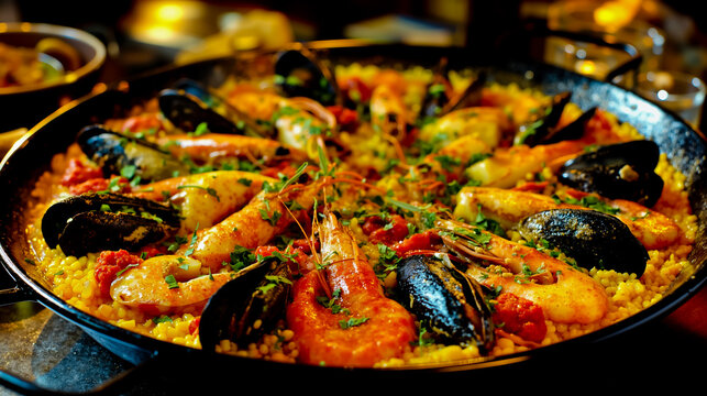Seafood paella rice shellfish shrimp mussels clams cooking food dish entree meal spices herbs flavor gourmet culinary delicious appetizing seafoody Mediterranean Spanish cuisine