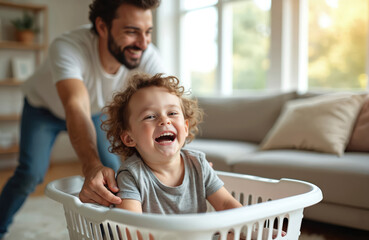 Obraz premium Father plays with son in laundry basket at home. Happy child laughs while dad pushes him around room. Family bonding, joyful moment, playful activity, domestic fun.