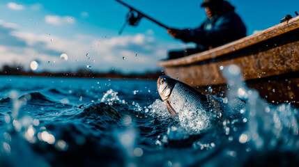 Naklejka premium Fishing fish angler boat water lake river hook bait catch outdoor sport nature leisure hobby relaxation tranquility