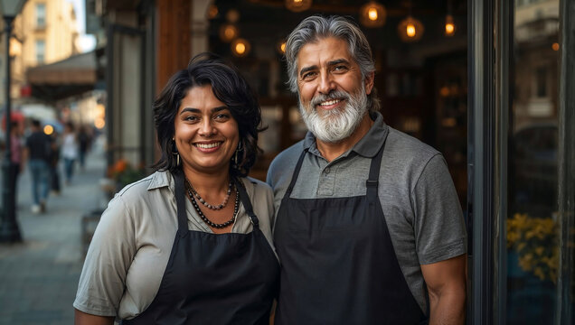 Cheerful diverse cafe owners smile at shop entrance modern urban setting