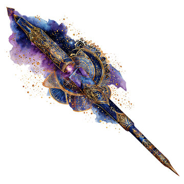 Elaborate Spear with Astral Design and Gold Embellishments on Watercolor Splash