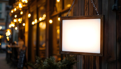 Blank square sign hangs on rustic wood wall near bakery storefront