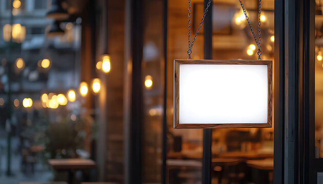 Blank square sign hangs on rustic wood wall near bakery storefront