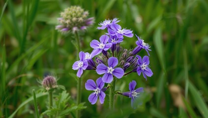 Fototapeta premium Cluster of purple-blue cranesbill flowers from the Geraniaceae family thriving in a meadow, seasonal change