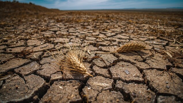 Two ears of wheat resting on the soil, symbolizing agricultural challenges and the risk of food scarcity