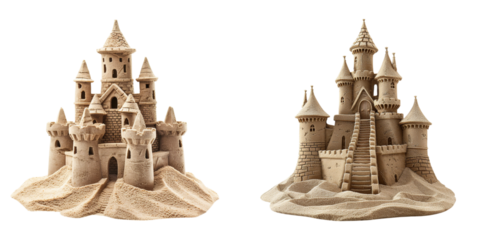 Two meticulously crafted sandcastles stand majestically a bright transparent background Generative AI