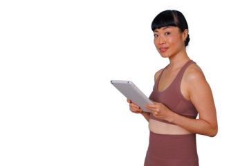 Young woman online shopping, browsing smartphone with various colored shopping bags, transparent background