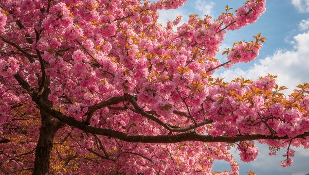 Plum blossoms in bloom on branches, seasonal change