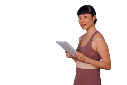 Young woman online shopping, browsing smartphone with various colored shopping bags, transparent background